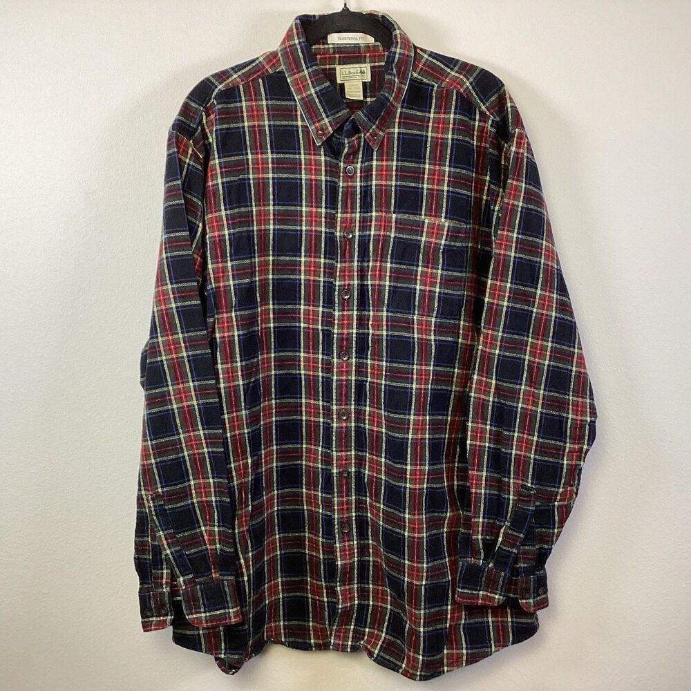 LL Bean Shirt 2XL Tall Windowpane Plaid Black Red Flannel Button Down Outdoor